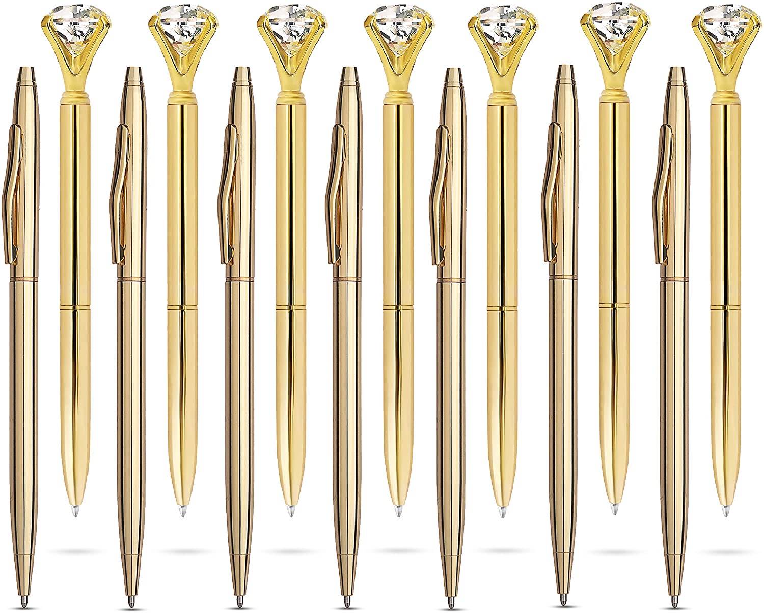 7 Diamond Ballpoint Pens and 7 Slim Gold Pens - Stylish Fancy Office Supplies - 14 Pack