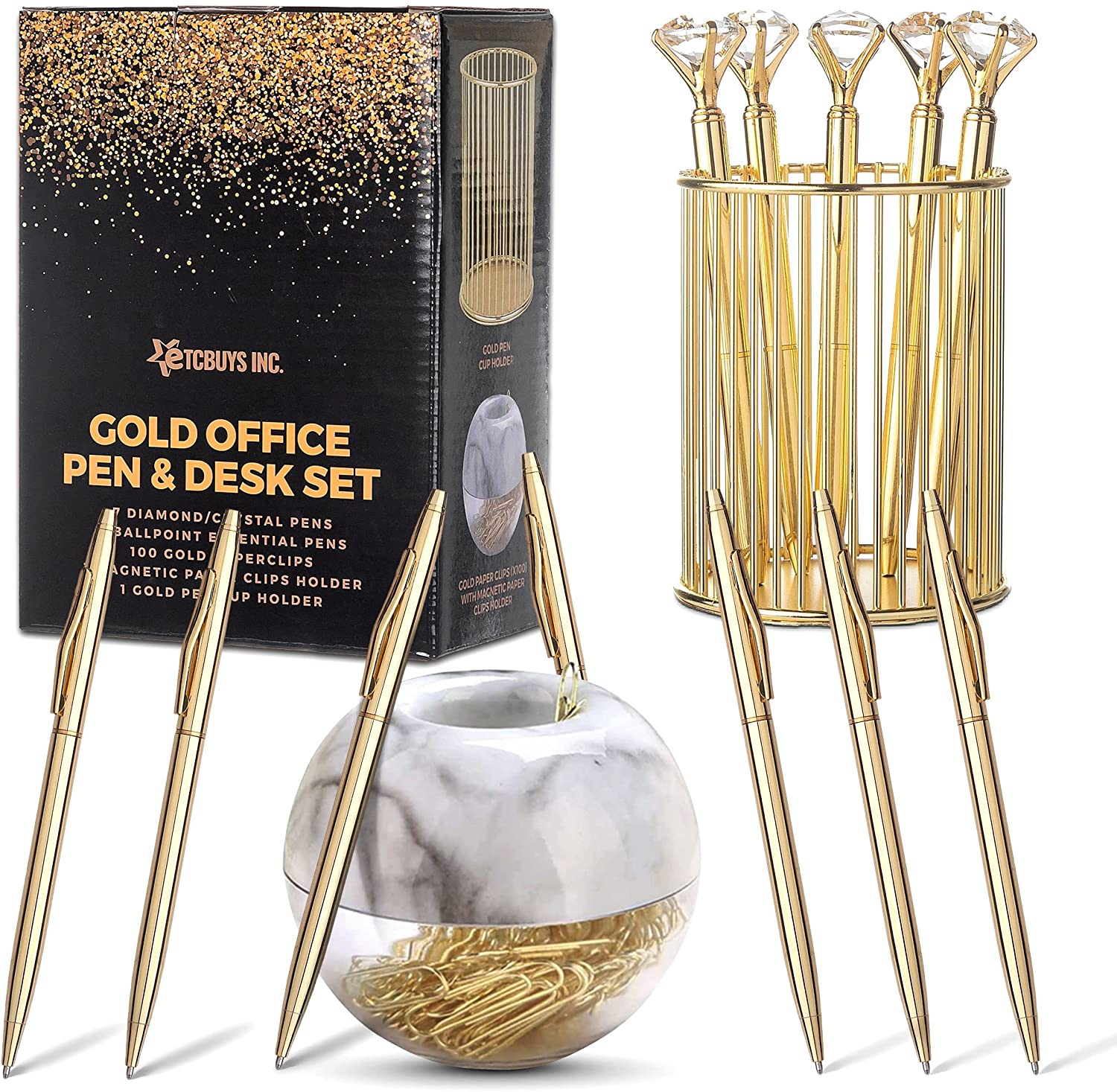 7 Diamond and 7 Slim Gold Pens & 1 Magnetic Paper Clip Holder with Paper Clips and Pen Cup Holder